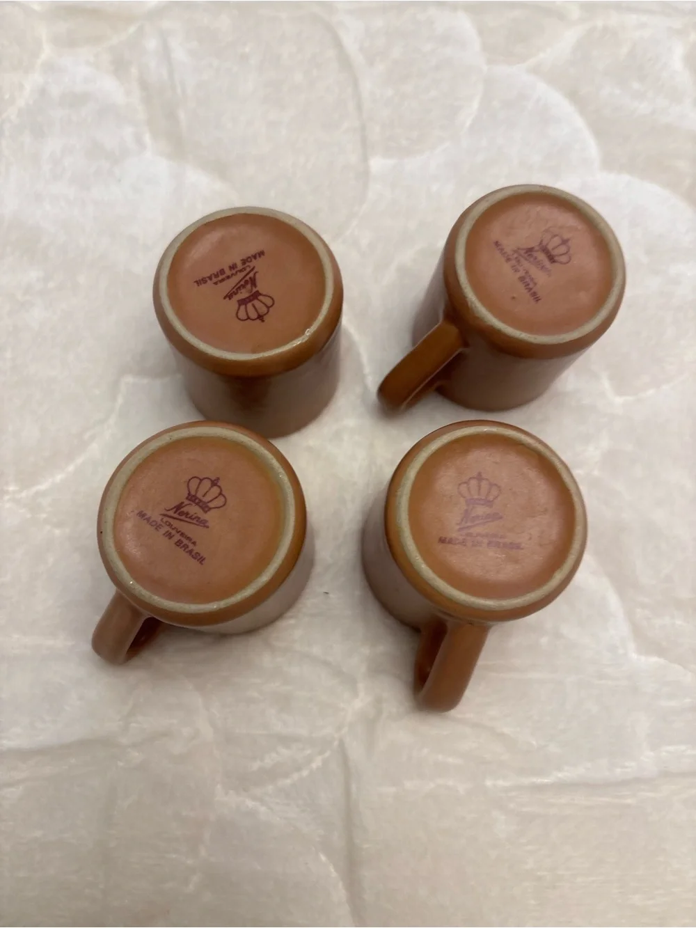 Four brown stoneware pottery expresso shot coffee mugs